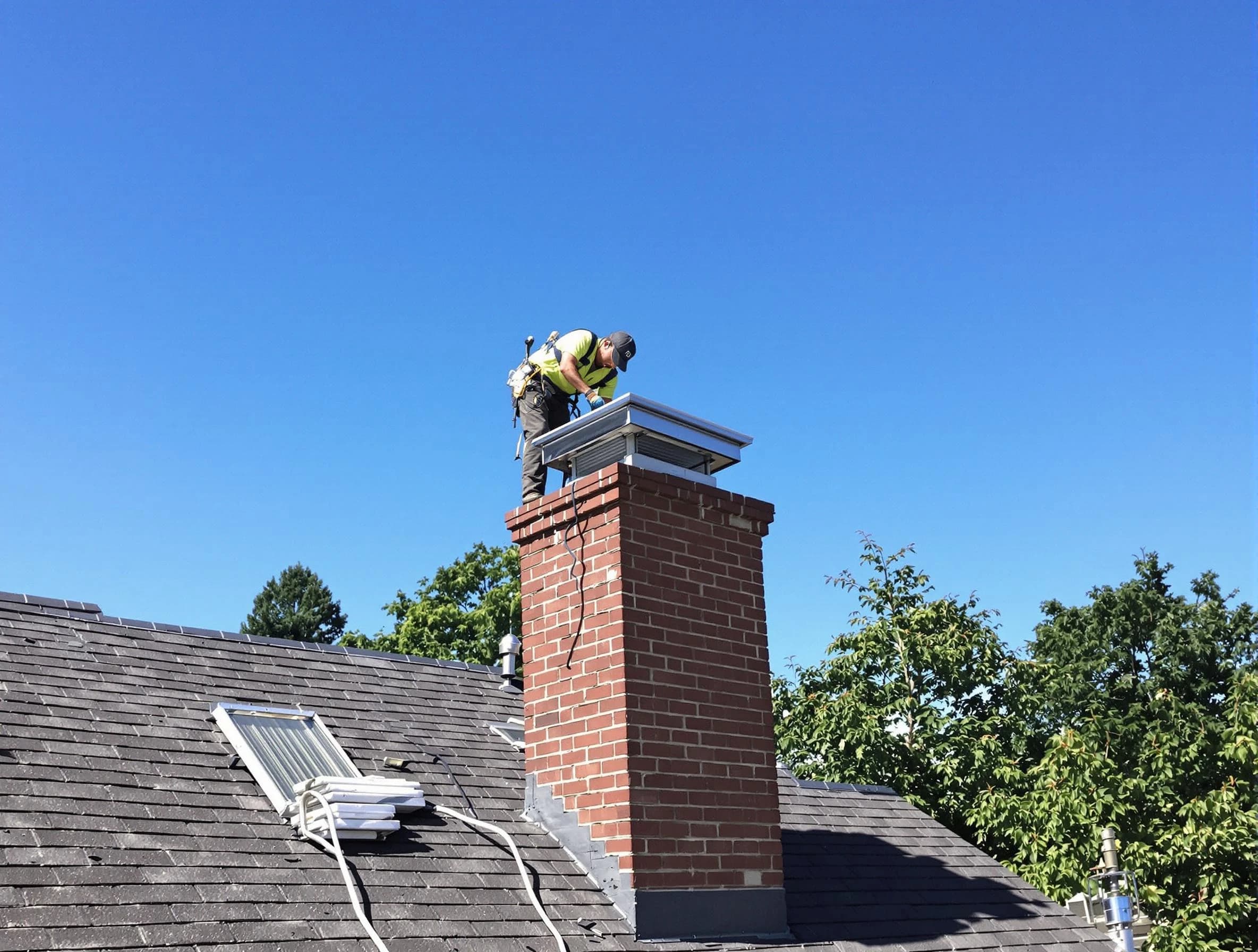 Short Pump Chimney Sweep technician measuring a chimney cap in Short Pump, VA